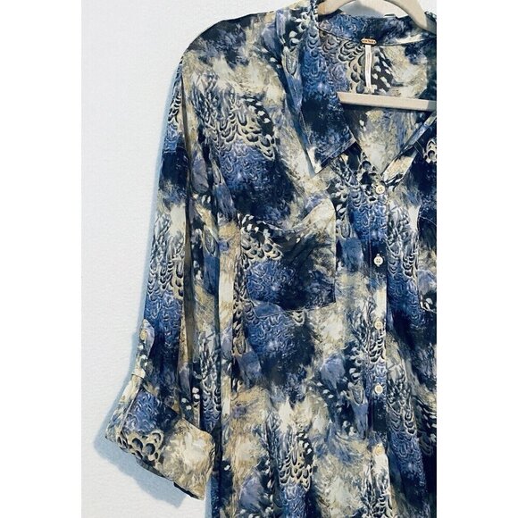 Free People Top Womens Small Blue Easy Rider Boho Sheer Long Roll Tab Sleeve - Picture 7 of 9